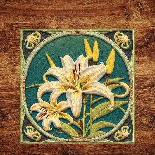 White Green Oriental Lily Art Nouveau Inspiriert Fliese
