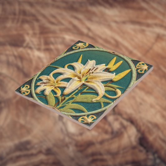 White Green Oriental Lily Art Nouveau Inspiriert Fliese