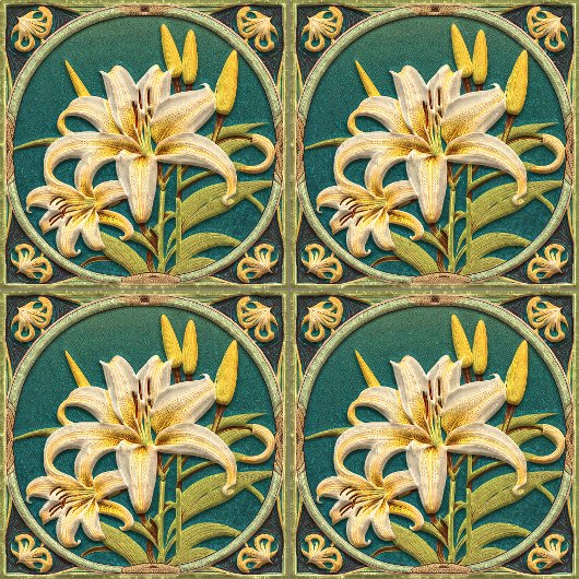 White Green Oriental Lily Art Nouveau Inspiriert Fliese