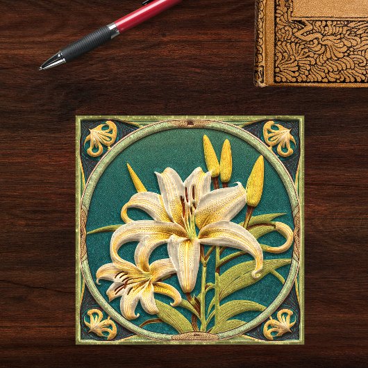 White Green Oriental Lily Art Nouveau Inspiriert Fliese