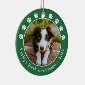 White Green Paw Prints Pets Erstes Weihnachtsfest- Keramik Ornament (Rechts)