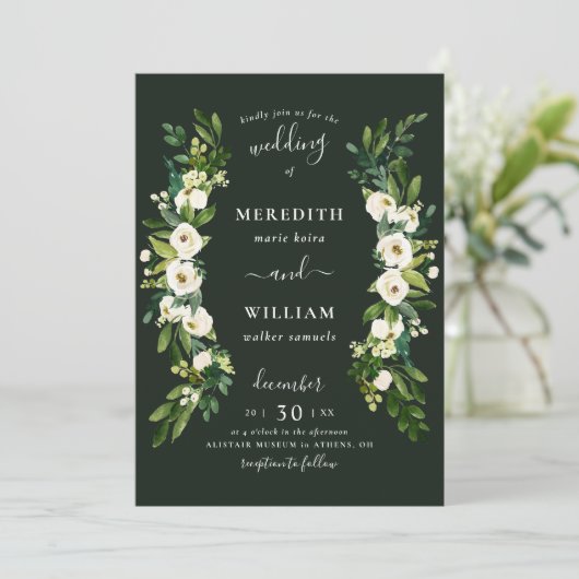 White Green Rose Garden Wedding Einladung (Stehend Vorderseite)