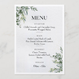 White & Green Watercolor Leaves Wedding Menu Menükarte