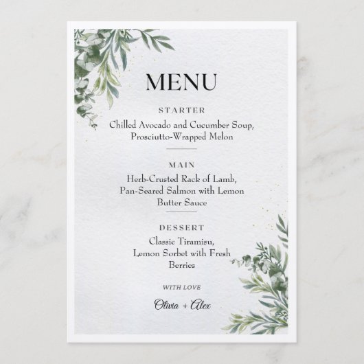 White & Green Watercolor Leaves Wedding Menu Menükarte (Vorderseite)