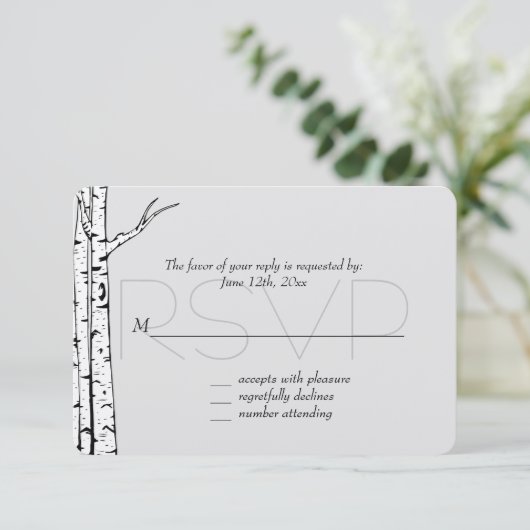 White Grey Birch Trees Wedding RSVP (Stehend Vorderseite)