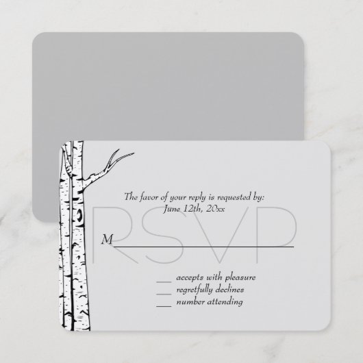 White Grey Birch Trees Wedding RSVP Karte (Vorne/Hinten)