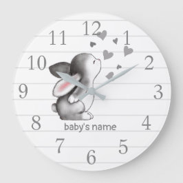 White Grey Bunny Heart Nursery Decor Wall Clock Große Wanduhr