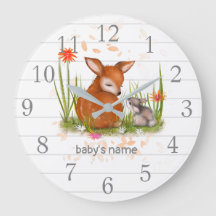 White Grey Fawn Bunny Nursery Decor Wall Clock