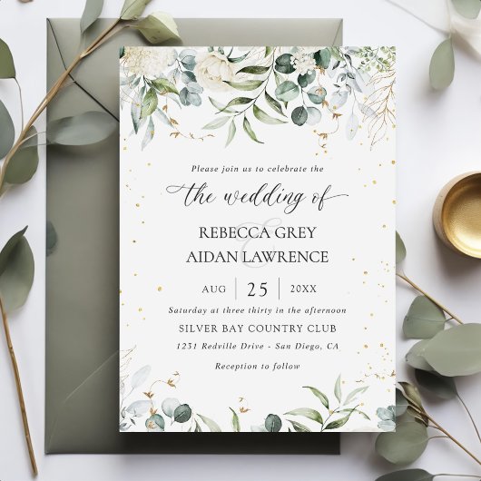 White Grey Green Floral Watercolor Wedding Einladung