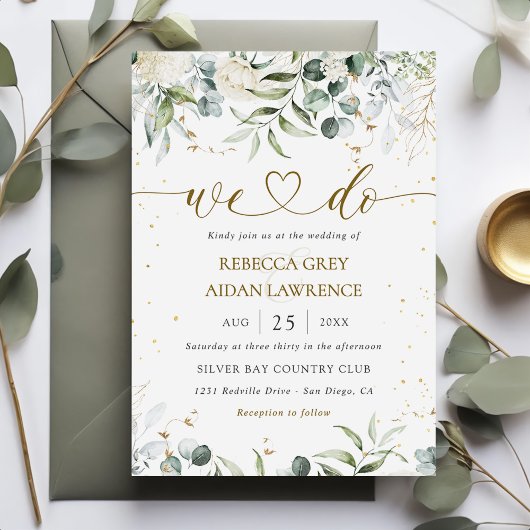 White Grey Green Floral Watercolor Wedding Einladung