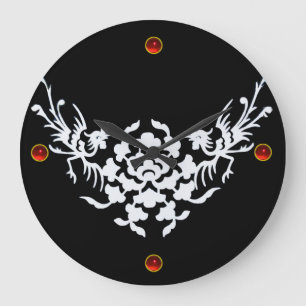 WHITE GRIFFINS AND FLOWERS ,Red Ruby Gem Stone Große Wanduhr