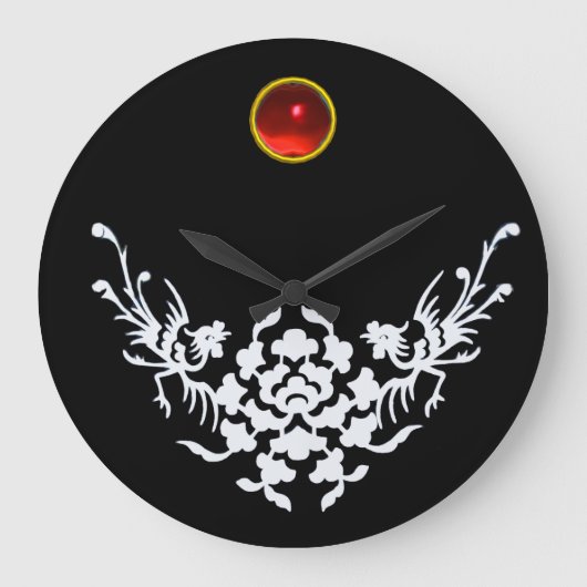 WHITE GRIFFINS AND FLOWERS ,Red Ruby Gem Stone Große Wanduhr (Vorderseite)