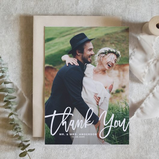 White Hand Lettering Foto Hochzeit Danke Postkarte