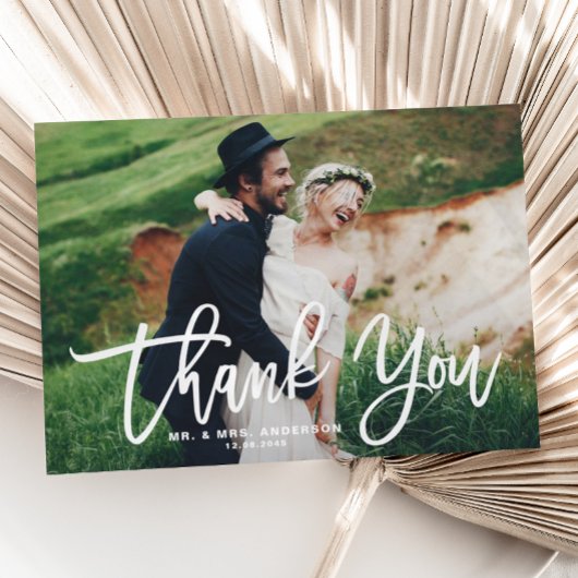 White Hand Letting Moderne Foto Hochzeit Dankeskarte