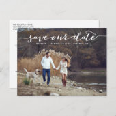 White Handwriting Script-Foto Rette Unser Datum II Ankündigungspostkarte (Vorne/Hinten)