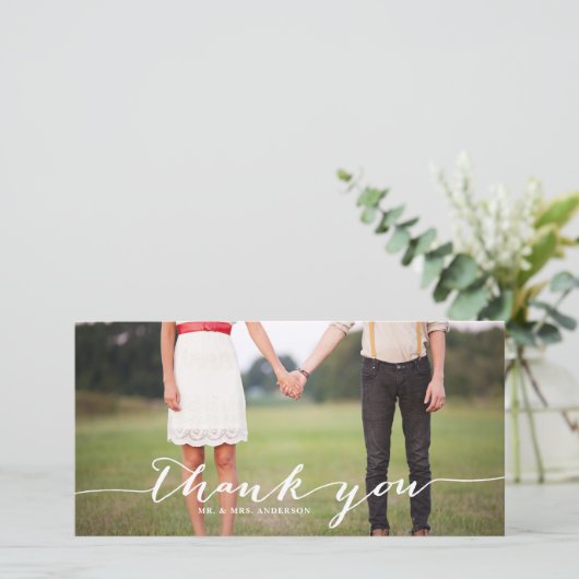 White Handwriting Script Wedding Danke Foto (Stehend Vorderseite)