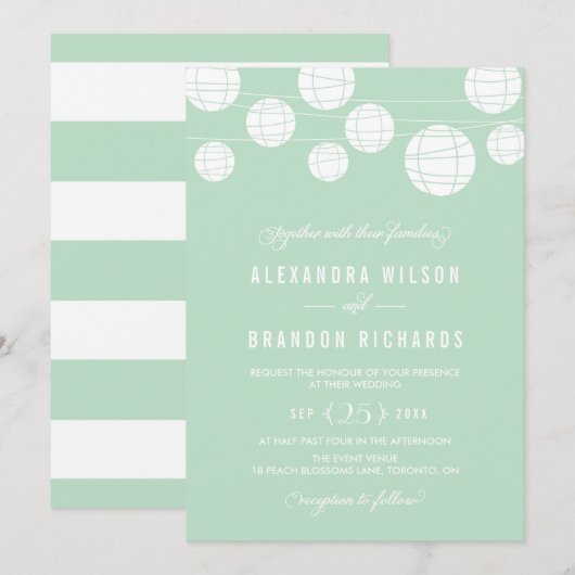 White Hanging Lanterns Mint Wedding Einladung (Vorne/Hinten)
