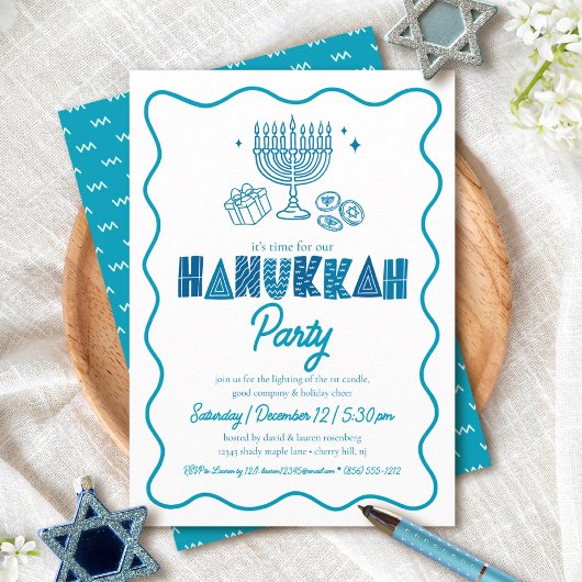 White Hanukkah Turquoise Typography Doodle Party Einladung
