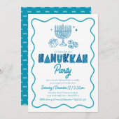 White Hanukkah Turquoise Typography Doodle Party Einladung (Vorne/Hinten)