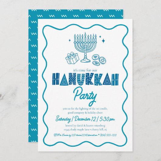 White Hanukkah Turquoise Typography Playful Doodle Einladung (Vorne/Hinten)