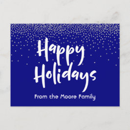 White Happy Holidays over Navy & Silver Confetti Feiertagspostkarte