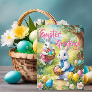 White Happy Oaster Bunny mit Eiern Feiertagskarte