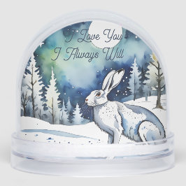 White Hare in the snow and pine trees, I Love You Schneekugeln