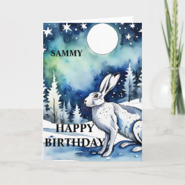 White Hare moongazing Birthday Card (bearbeitbar) Feiertagskarte
