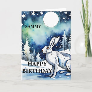 White Hare moongazing Birthday Card (bearbeitbar) Feiertagskarte