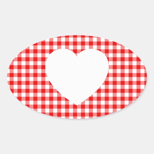 White Heart on Red Gingham Ovaler Aufkleber (Vorderseite)