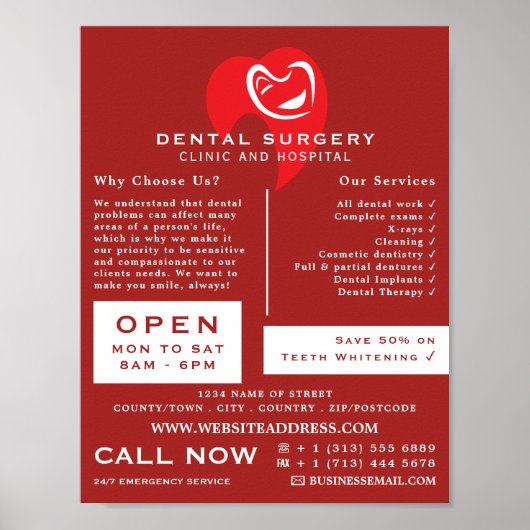 White Hearted Tooth Logo Dentistry, Dentist Advert Poster (Vorne)