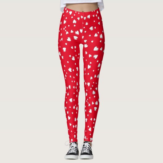 White Hearts Floating Pattern on Red Leggings (Vorderseite)