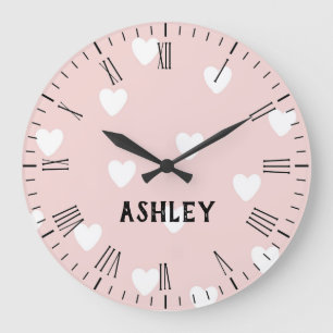 White Hearts on Pink Personalized Wall Clock  Große Wanduhr