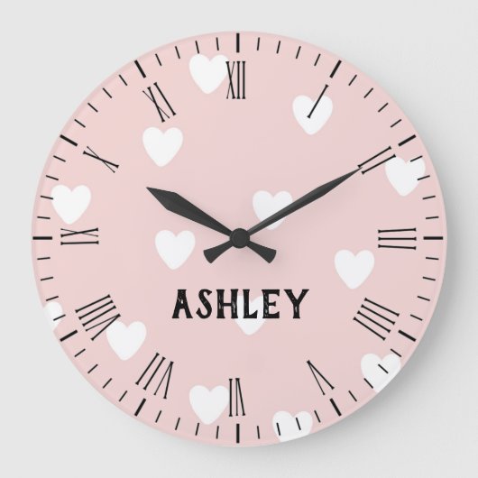 White Hearts on Pink Personalized Wall Clock Große Wanduhr (Vorderseite)