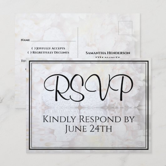 White Hearts & Peony Reflections Wedding RSVP Postkarte (Vorne/Hinten)