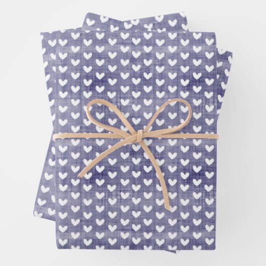 White Hearts über Navy Blue Linen Geschenkpapier Set (Beispiel)