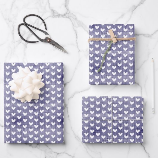 White Hearts über Navy Blue Linen Geschenkpapier Set (Vorderseite)