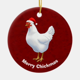 White Hen in Weihnachtsmannmütze Merry Chickmas Keramikornament