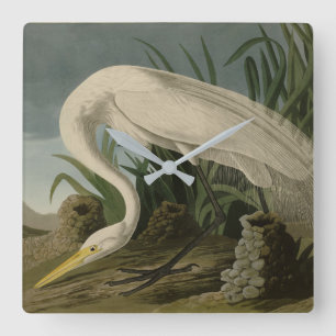 White Heron, Great Egret, Audubon Birds of America Quadratische Wanduhr