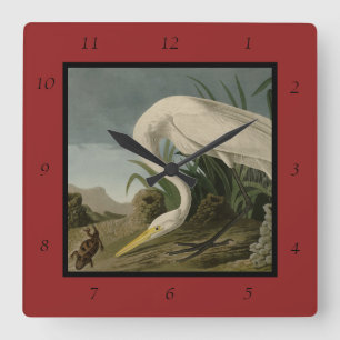 White Heron, Great Egret, Audubon Birds of America Quadratische Wanduhr