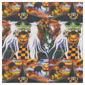 White Hexe Kitty Ghosts Pumpkins Halloween Stoff (Nahaufnahme)