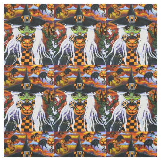 White Hexe Kitty Ghosts Pumpkins Halloween Stoff (Muster)