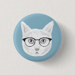White Hipster Cat Wearing Brillen Button