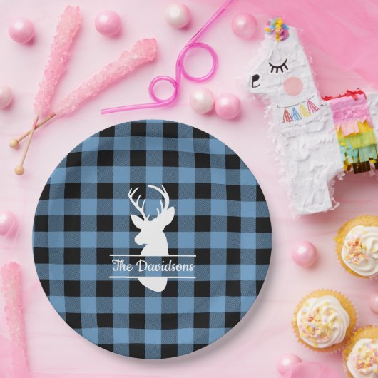 White Hirsche Kopf auf Blue Buffalo Kariert Paper Pappteller (Party)