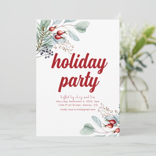 White Holiday Berries Feiertag Einladung (Stehend Vorderseite)