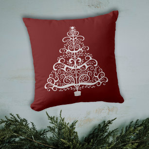White Holiday Tree on Burgundy Red Kissen