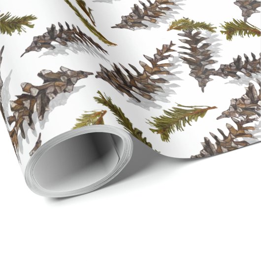 White Holiday Winter Pinecones Wrapping Paper Geschenkpapier (Rolleneckpunkt)