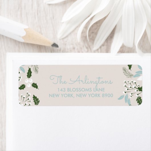 White Holly Botanical Happy Holidays Adressetikett (Insitu)