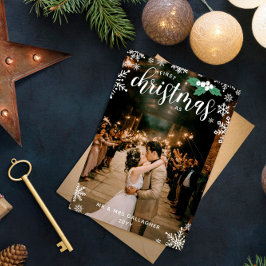 White Holly Snowflakes 1st Christmas Wedding Photo Feiertagskarte