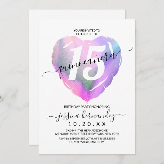 White Holographic Foil Herzballon Quinceañera Einladung (Vorne/Hinten)